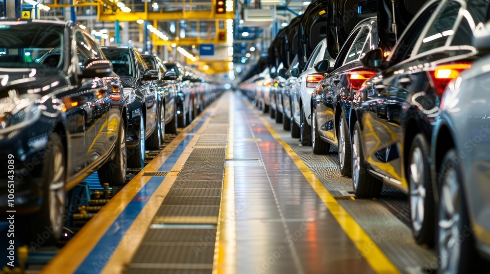 Fototapeta premium The modern automotive assembly line features several cars at various production stages, showcasing industrial efficiency and advanced manufacturing in a contemporary factory setting