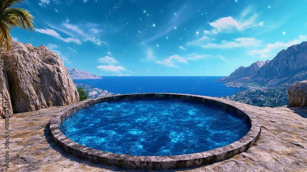 Fototapeta premium Cliffside Infinity Pool with Ocean and Mountain Views Blue Sky Stars