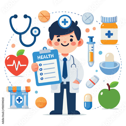 simple cartoon of a smiling doctor holding a clipboard with health icons