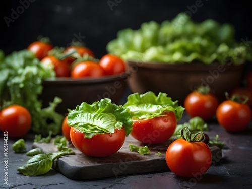 Fresh tomatoes with fresh lettuce on top against a dark background