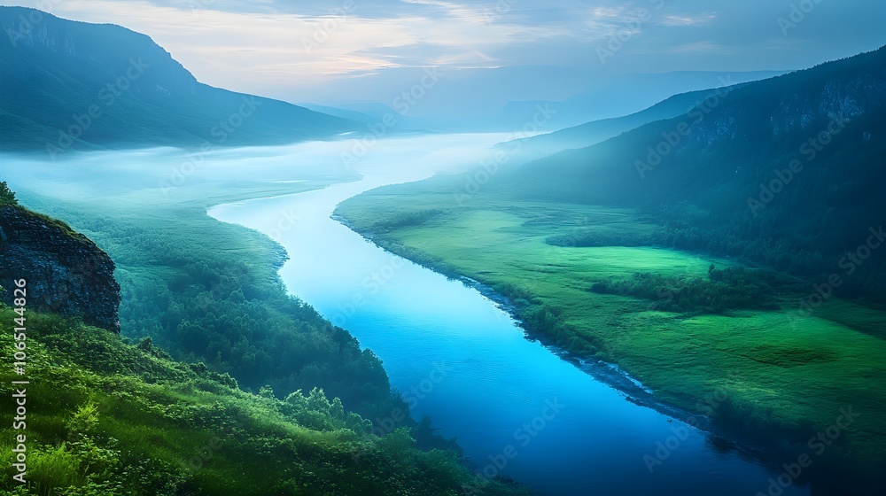 Fototapeta premium Enchanting Glowing River Winding Through Lush,Misty Valley with Distant Mountains