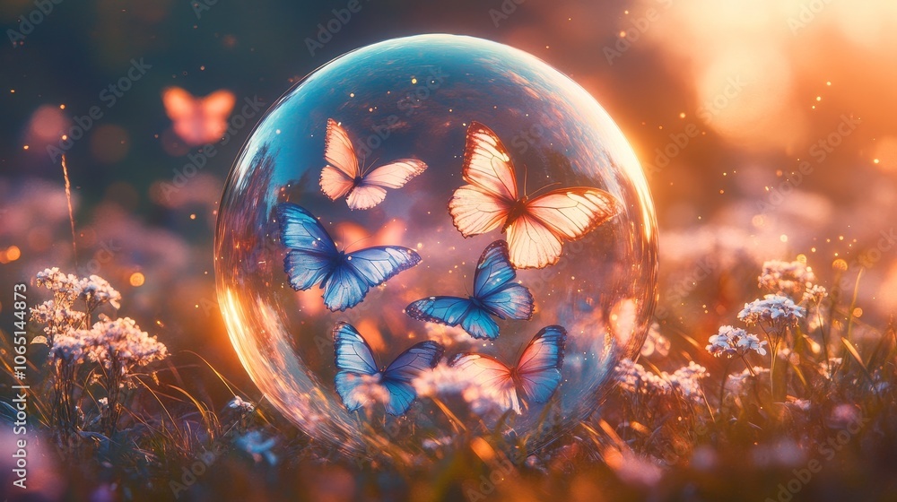 A delicate and dreamlike scene depicts a group of butterflies trapped in a large and transparent soap bubble, floating against a soft and blurry background. A delicate and dreamlike scene depicts a group of butterflies trapped in a large and transparent soap bubble, floating against a soft and blurry background.