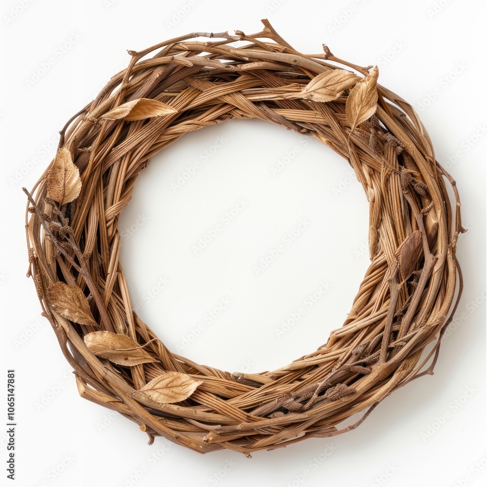 A rustic grapevine wreath adorned with leaves, perfect for seasonal decor or as a natural home accent.