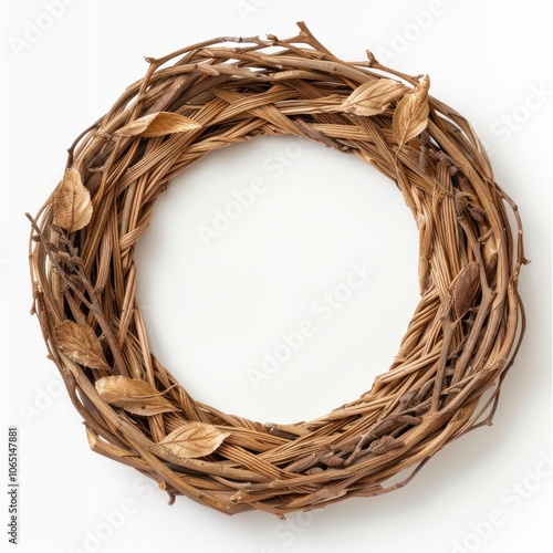 A rustic grapevine wreath adorned with leaves, perfect for seasonal decor or as a natural home accent.