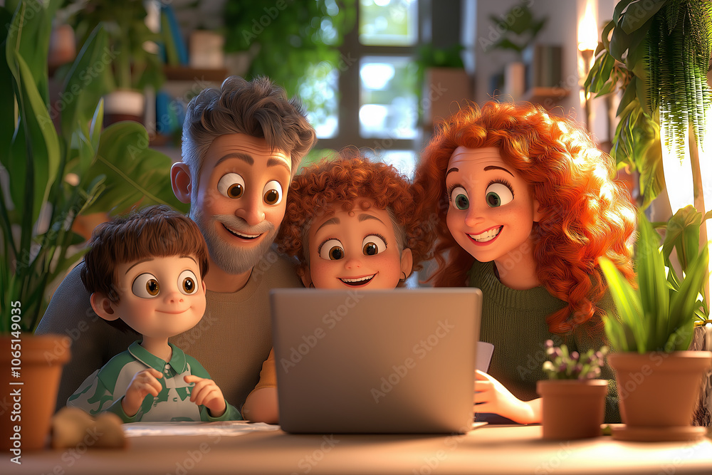 Family of Four Enthusiastically Shopping Online with Laptop in Cozy Indoor Setting, Surrounded by Plants Family of Four Enthusiastically Shopping Online with Laptop in Cozy Indoor Setting, Surrounded by Plants