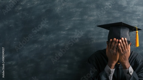 Obraz na płótnie A graduate sits with head in hands, expressing emotional distress against a dark background, highlighting the stress and pressure associated with graduation. w salonie