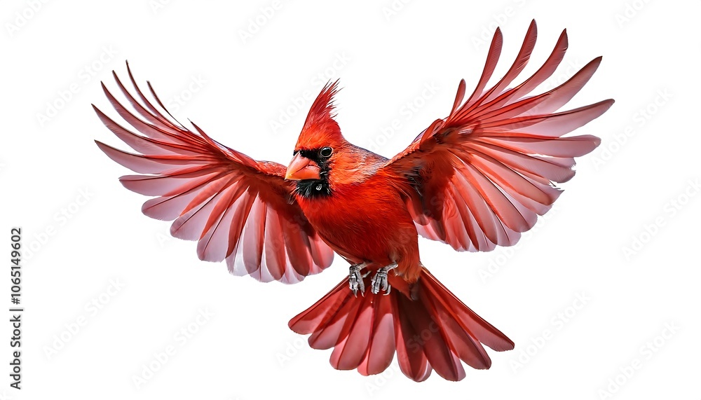 Obraz premium A vibrant Red Cardinal Bird in mid-flight, wings spread wide, against a white background.