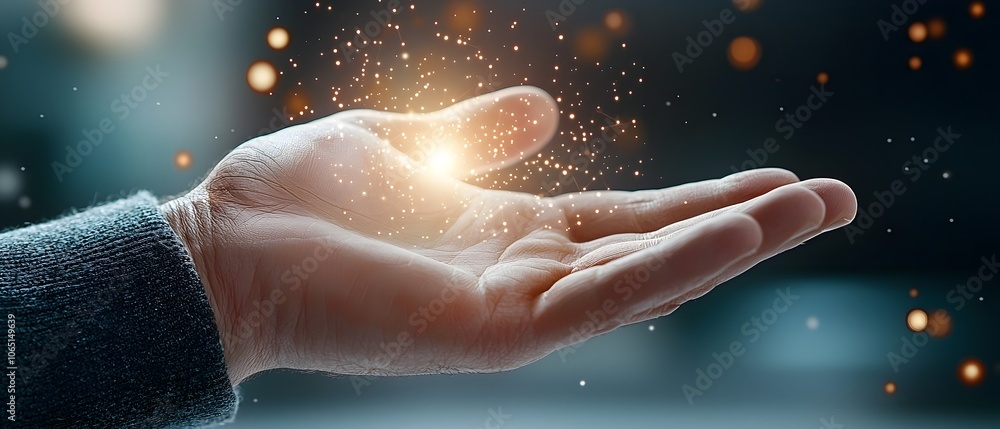 Fototapeta premium Glowing digital network of light touching a reaching human hand symbolizing the harmony and connection between human interaction and the flow of digital data
