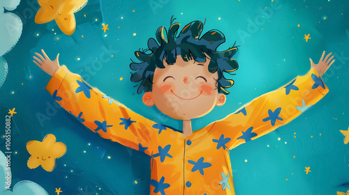 A children story book illustration of a child dressed with a pyjama, smiling and being happy 