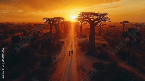 Beautiful Baobab trees at sunset at the avenue of the baobabs in Madagascar, Travel & leisure magazine photo. photo