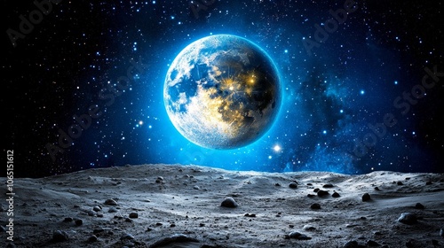 Blue Moon Over Rocky Lunar Landscape with Stars