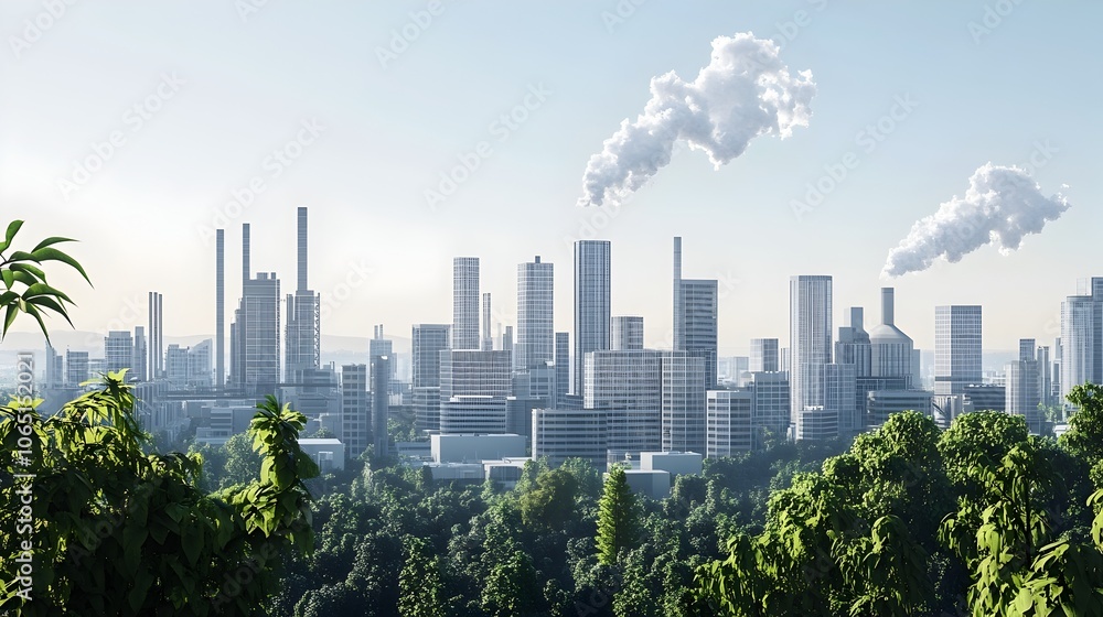 Fototapeta premium Futuristic 3D Render of Eco-Friendly City Skyline with Decreased Emissions and Net Zero Targets