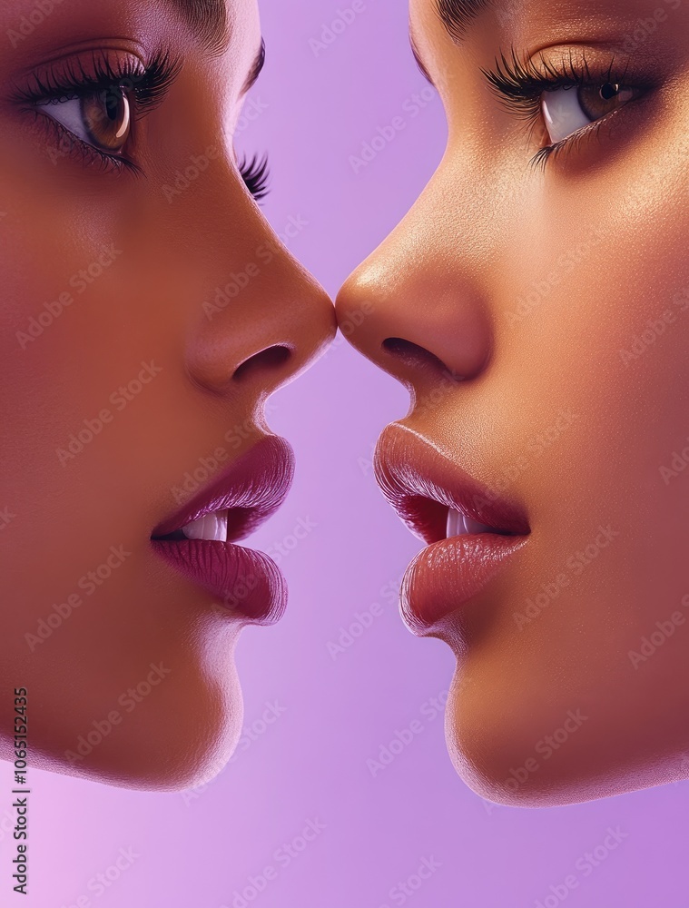 Obraz premium A close-up of two women's faces, one with full lips and the other without makeup, set against a pastel purple background.