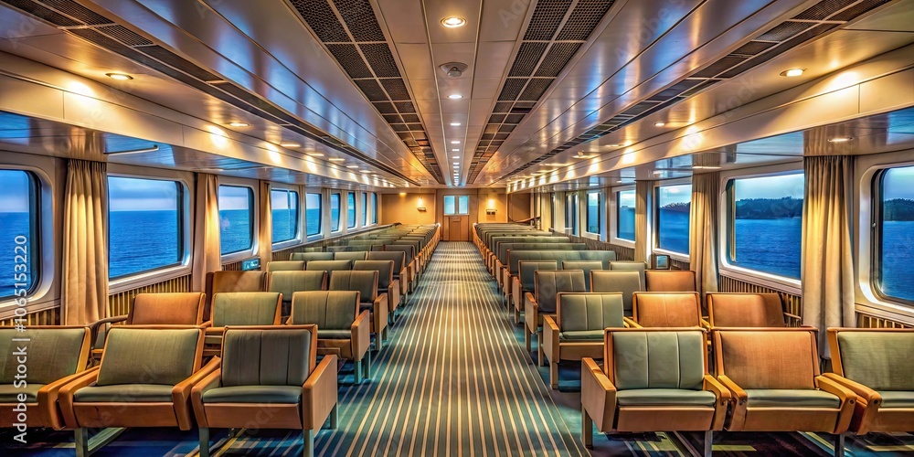 Fototapeta premium Empty seats on passenger ship interior illuminated by soft daylight, passenger ship, interior, empty seats, spacious