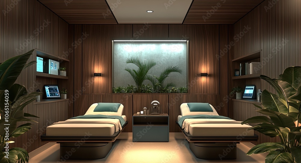 Fototapeta premium A modern hospital room with two beds, equipped for pain relief and a comfortable patient experience