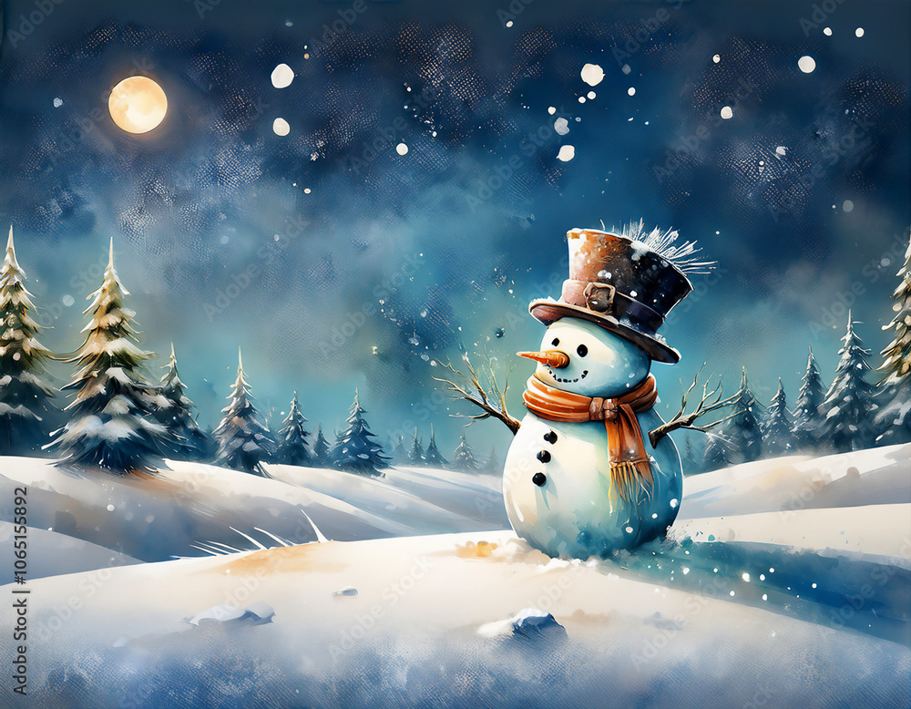 Obraz premium 錆びた歯車とネジで作られた雪だるまが夜の雪原で立っている 雪が降るたびにきらきらと輝く風景
