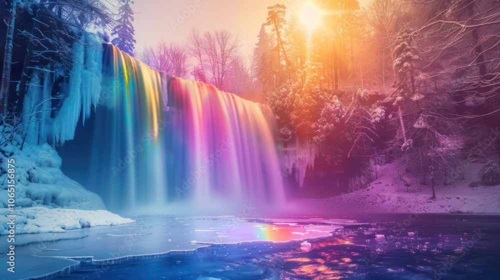 Fototapeta premium Rainbow Waterfall in a Snowy Forest