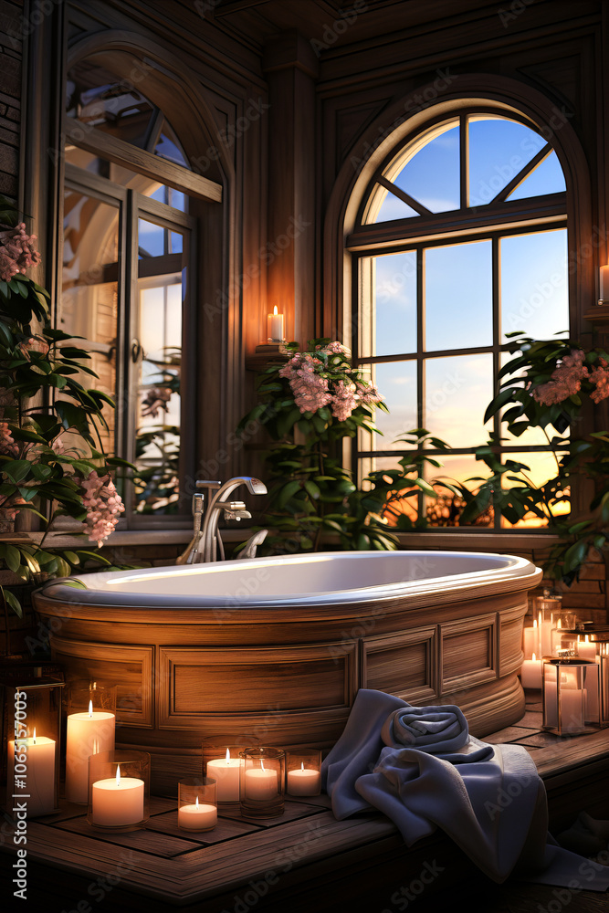 Fototapeta premium A luxurious bathroom with a wooden tub surrounded by candles, plants, and arched windows offering a warm sunset view.