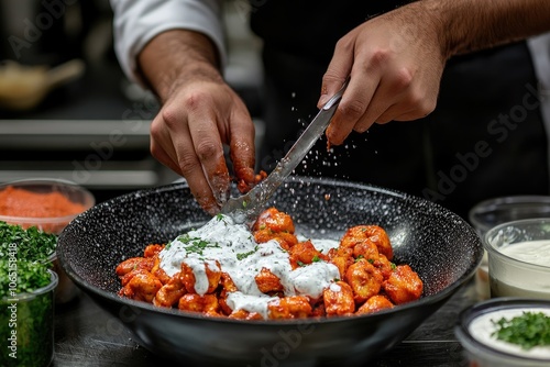 Chef adds yogurt sauce to dish. This photo shows a chef adding yogurt sauce to a dish of red meat, perfect for illustrating food preparation.