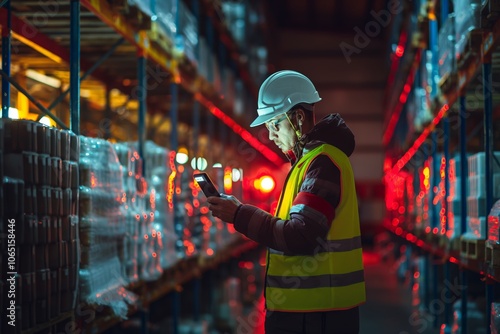 A warehouse worker in safety gear performs an inventory check using a handheld digital device. The image captures the organized shelves of goods in an illuminated industrial storage environment. photo