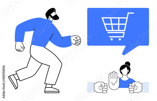 Man walking towards floating shopping cart icon, customer support representative showing hand gesture to stop. Ideal for e-commerce, customer service, online shopping, purchase security, retail