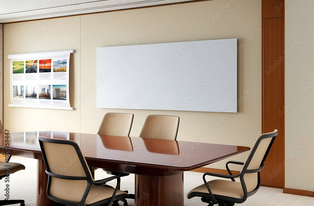Fototapeta premium Modern office with blank wall for poster display and meeting layout. 3D Rendering
