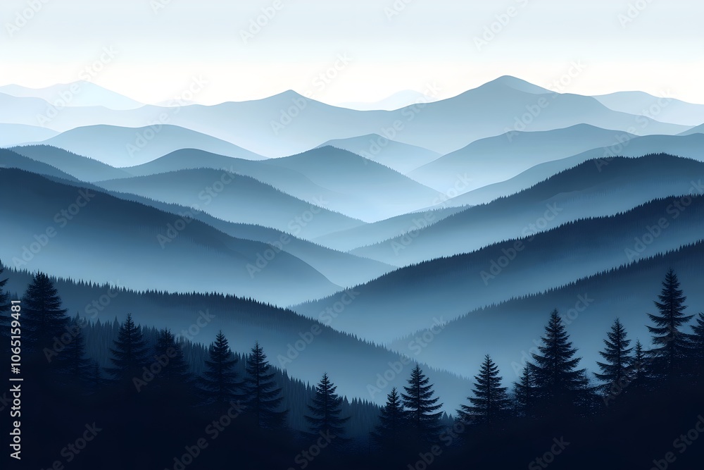 Obraz premium A serene landscape showcasing layered mountains in soft blue hues, surrounded by dark evergreen trees. The tranquil scene conveys a sense of calm and beauty in nature.