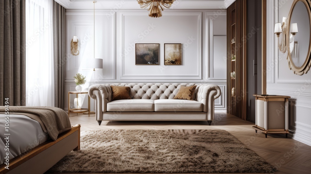Fototapeta premium A cozy bedroom with wooden furniture features a comfortable bed, a large wardrobe, and soft lighting. A large window brightens the space, complemented by a plant and elegant decor for a serene atmosph