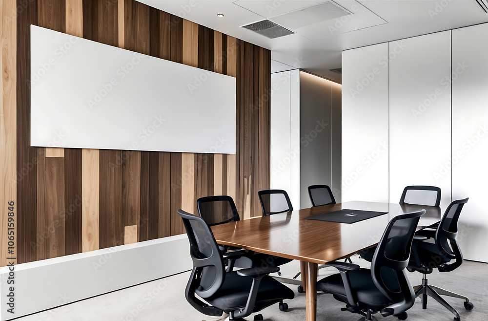 Fototapeta premium Modern office with blank wall for poster display and meeting layout. 3D Rendering