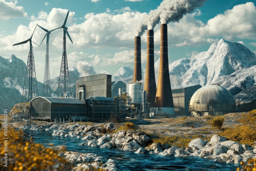 Obraz premium Non-renewable energy resources illustrated with traditional energy production setups