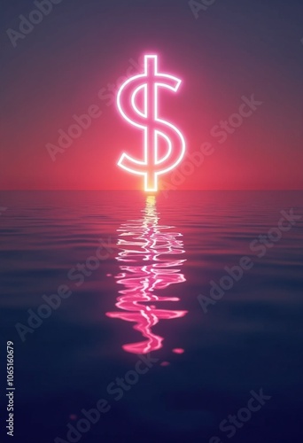 Neon Dollar Icon Reflected in the Peaceful Ocean at Sunset photo