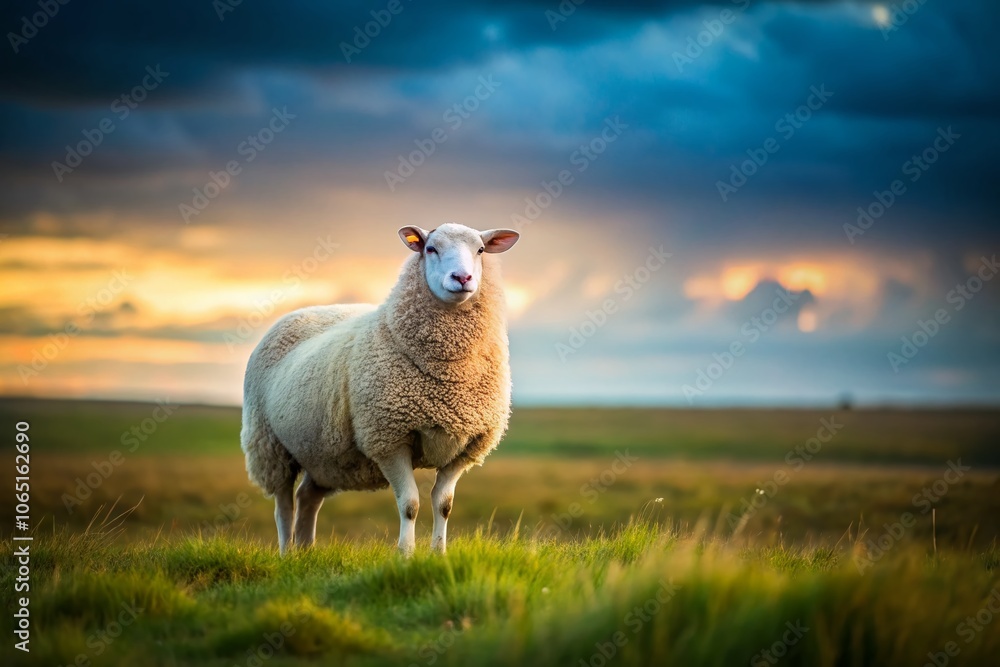 Fototapeta premium A serene field, sheep grazing, the simple beauty of nature.