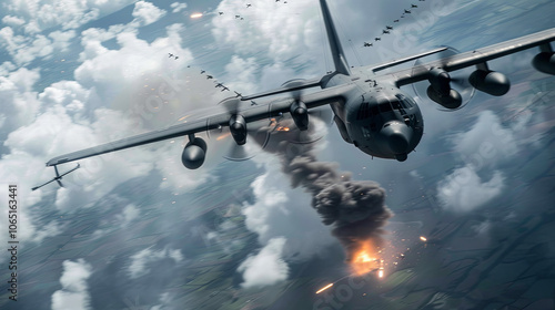 Aerial view of military aircraft releasing bombs on distant target, smoke and fire erupting from ground, intense action amidst cloudy sky.