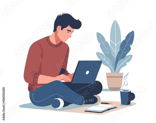 A young man sitting on the floor and working on a laptop in flat vector illustration