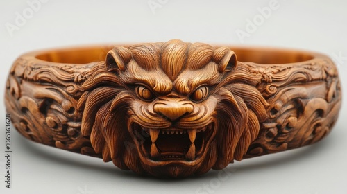 Intricately carved wooden bracelet featuring a lions head photo