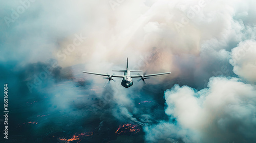 Aerial view of military aircraft releasing bombs on distant target, smoke and fire erupting from ground, intense action amidst cloudy sky.
