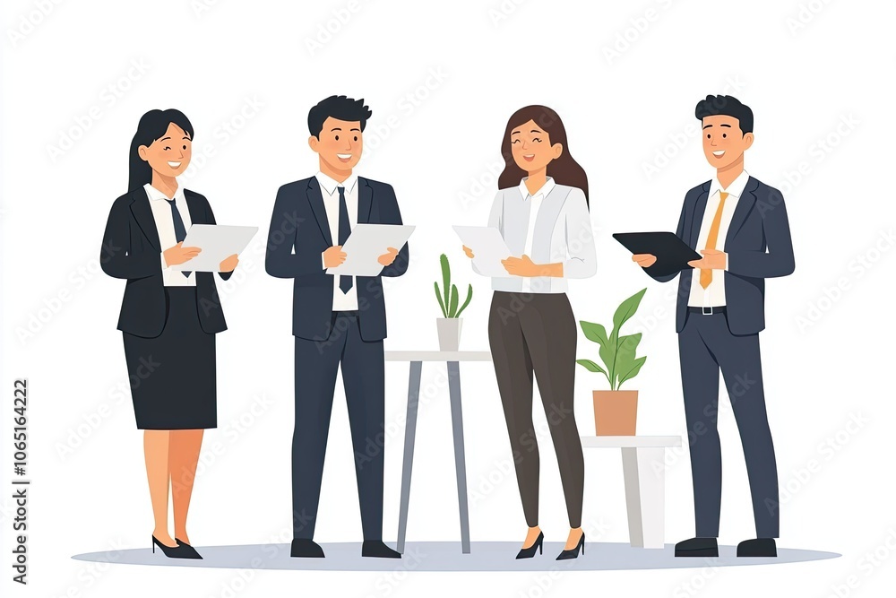 Obraz premium Four business people discussing work. This image can be used to represent teamwork, collaboration, and success in a professional setting.