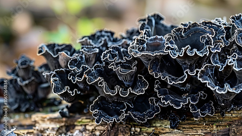 Close-up of black fungus growing intricately on a forest log, showcasing the natural beauty and detailed texture of the fungus in a serene woodland setting.