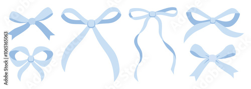 Set of trendy blue coquette ribbon bow. Hand painting, soft pastel colors. Vector illustration of vintage bow. Bows for hair decor. Girls accessories. Cute hairstyle elements collection. Wedding invit