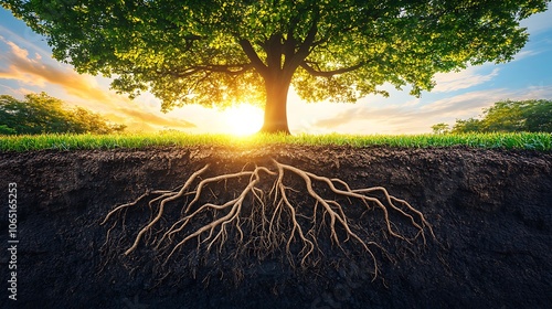 A minimalist tree silhouette with detailed roots extending below the ground, blending into a vibrant orange-to-yellow sunset background, evoking a sense of growth and vitality. Transparent image  photo