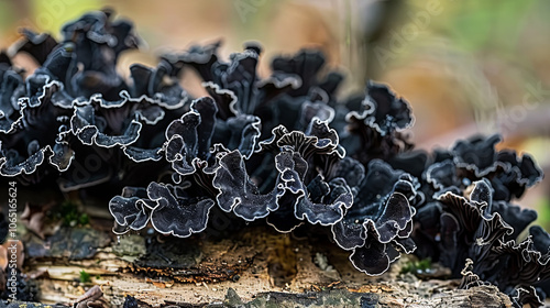 Close-up of black fungus growing intricately on a forest log, showcasing the natural beauty and detailed texture of the fungus in a serene woodland setting.