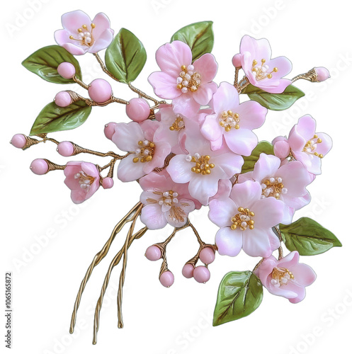 Delicate pink blossom cluster with golden stems and green leaves
