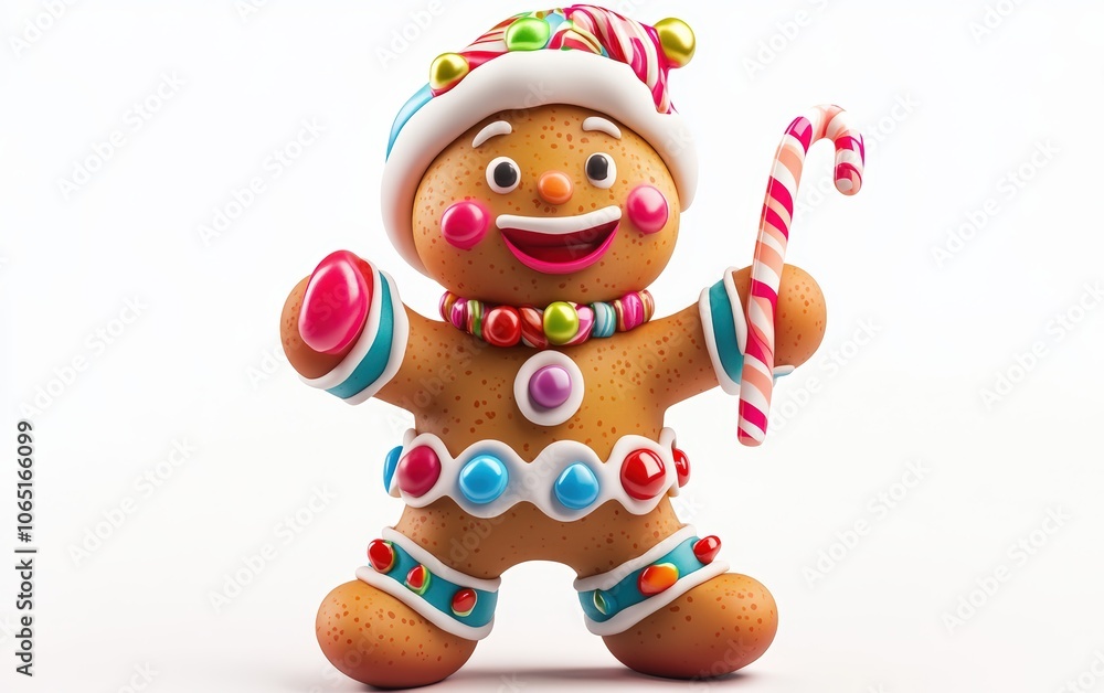 Fototapeta premium 3D Christmas gingerbread man character with icing decorations, smiling warmly and holding a small candy cane, vibrant colors on a white background --