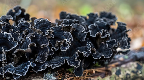 Close-up of black fungus growing intricately on a forest log, showcasing the natural beauty and detailed texture of the fungus in a serene woodland setting.