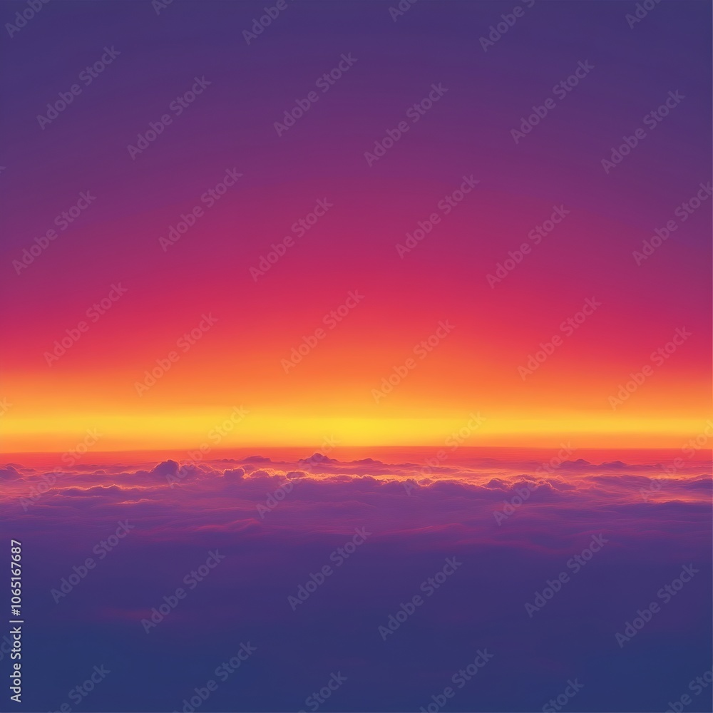 Obraz premium A breathtaking sunset view from above the clouds, showcasing a gradient of vibrant oranges, pinks, and purples, creating a serene and tranquil atmosphere.