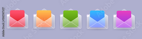 Open envelop glass morphism icon set in various color. Vector mail letter symbol illustration