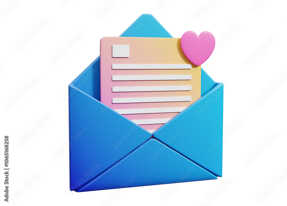 3D rendered illustration of an open envelope icon containing a document, pink heart symbol. Soft gradient color combination gives a warm atmosphere to the email concept. Love letters 3D rendered illustration of an open envelope icon containing a document, pink heart symbol. Soft gradient color combination gives a warm atmosphere to the email concept. Love letters