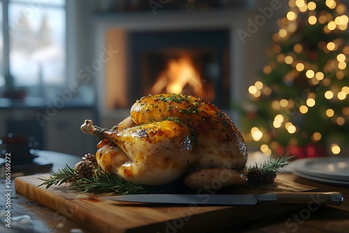 Golden roasted capon, chapon rôti, on a wooden board with rosemary and festive herbs, a knife beside it on a Christmas-decorated table. Cozy modern apartment with fireplace, tree, and snowy pine view