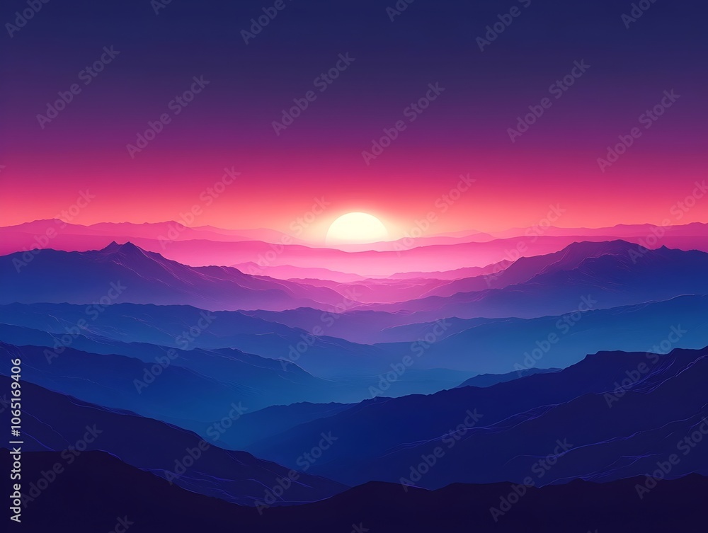 Obraz premium A breathtaking digital illustration of a sunset over a serene mountain range, showcasing vibrant hues of purple, pink, and orange in the sky, creating a tranquil atmosphere.