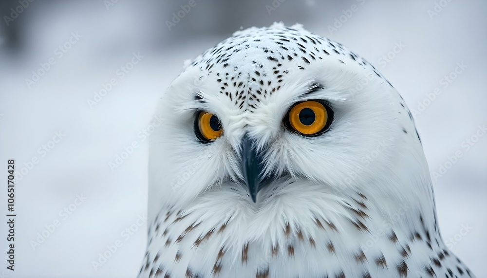 Obraz premium Female snowy owl with intense yellow eyes captured in close-up against white snowy backdrop